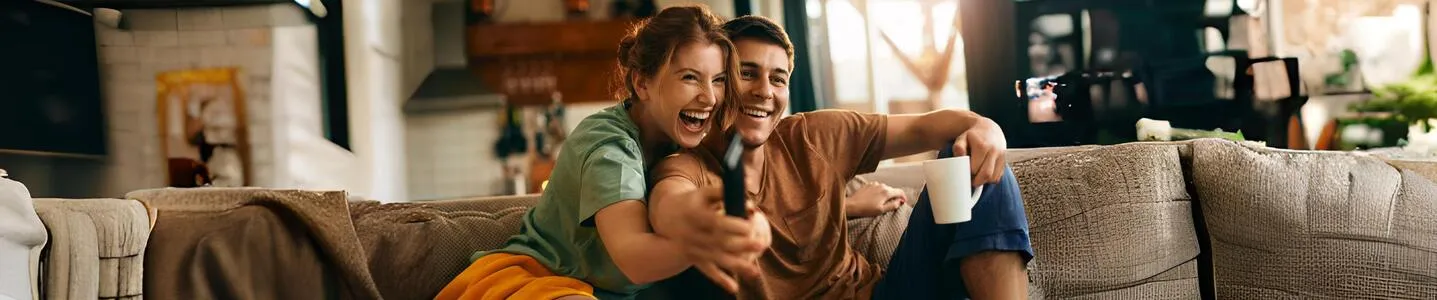 Um jovem casal se diverte assistindo Paramount na sala de estar, desfrutando de momentos de entretenimento juntos em um ambiente descontraído e aconchegante.