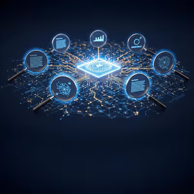 Chip holográfico com ícones de análise e processamento de dados