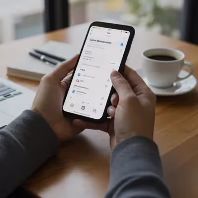 Mãos segurando um celular com tela exibindo opções de gerenciamento de cache, ao lado de um notebook e uma xícara de café.