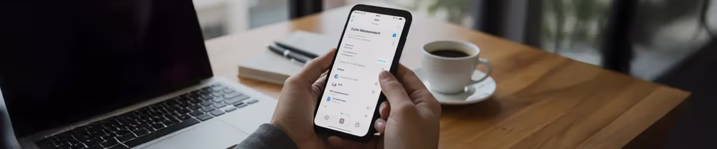Pessoa segurando um smartphone e acessando configurações de armazenamento, com um laptop e café sobre a mesa.