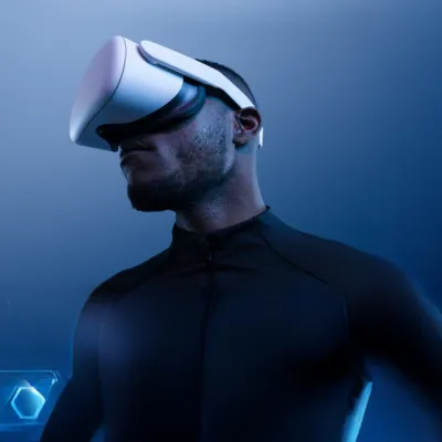 Homem com óculos de VR em uso.