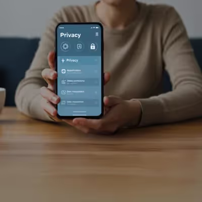 Tela do celular exibindo configurações de privacidade em um ambiente aconchegante.
