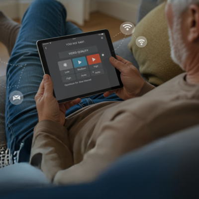 Visão panorâmica homem no sofá controlando tablet conectado