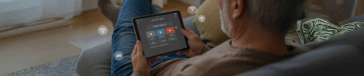 Homem sentado no sofá usando tablet para ajustar qualidade