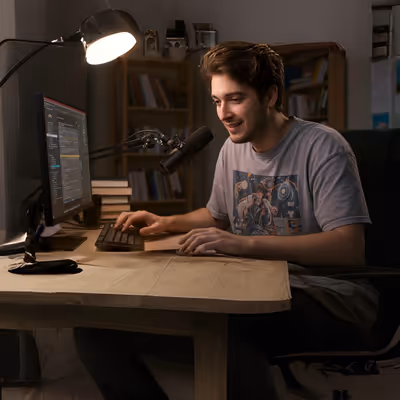 Estúdio caseiro com homem gravando podcast em mesa ampla.