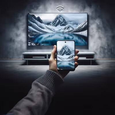 Smartphone conectado à TV via Wi-Fi para transmissão.