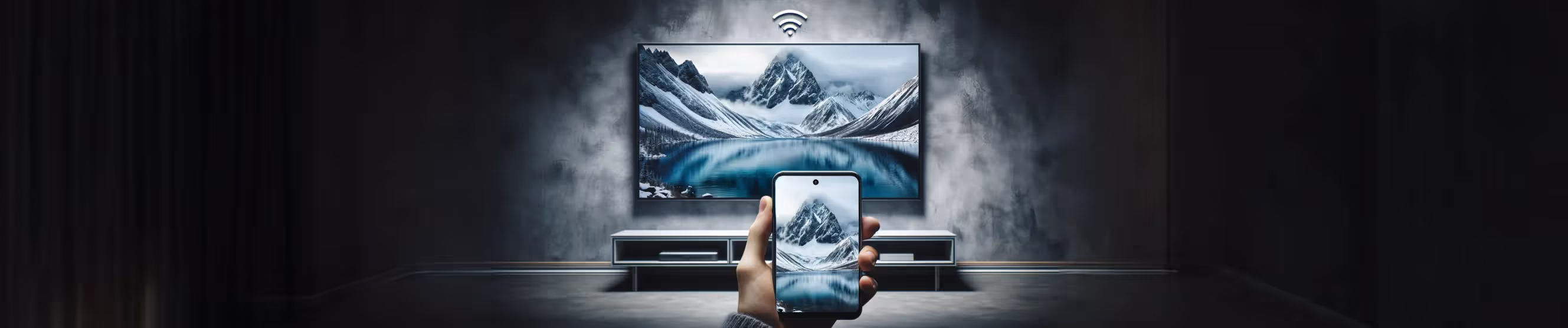 Celular conectado à TV via Wi-Fi para streaming.