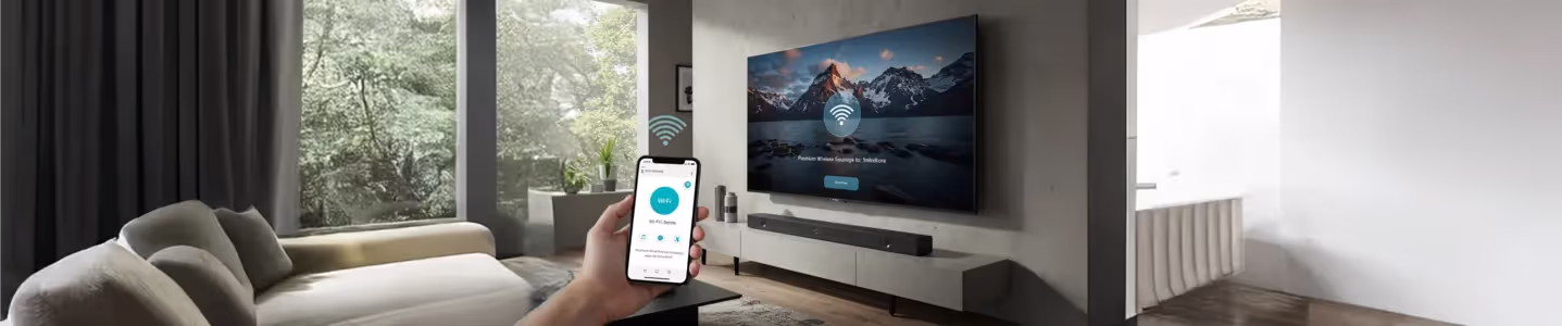 Conectando um soundbar à TV via Wi-Fi, com smartphone exibindo as configurações de conexão.