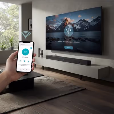 Guia visual para parear um soundbar sem fios à TV, destacando o processo via smartphone.