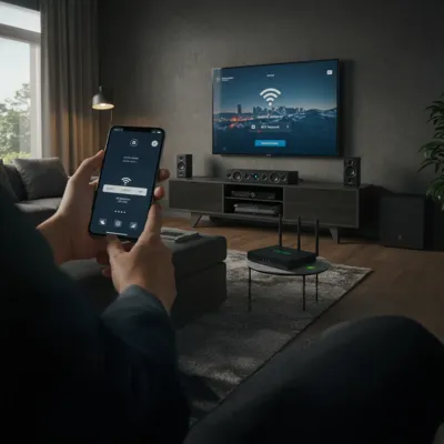 Sala moderna com home theater, TV e roteador; usuário configura Wi-Fi pelo celular.
