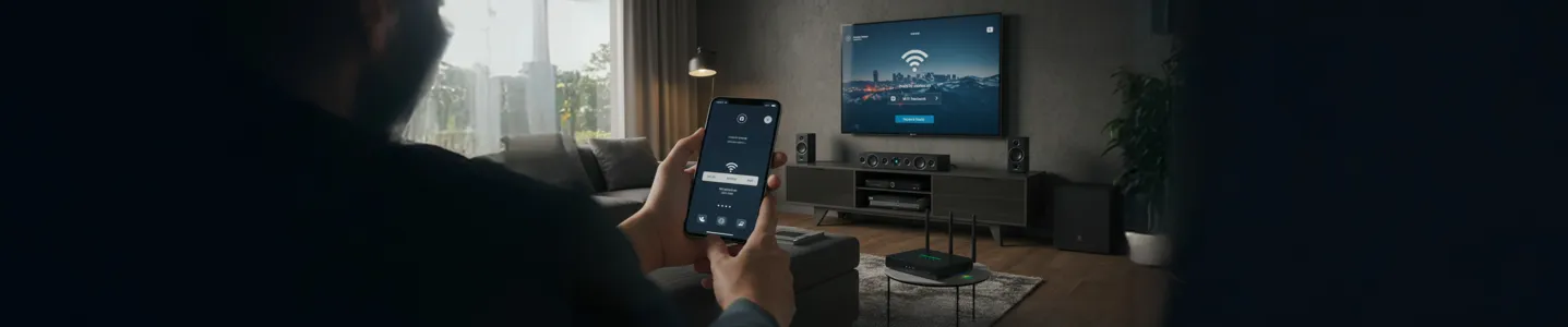 Pessoa conecta home theater ao Wi-Fi usando smartphone, com TV exibindo tela de conexão.