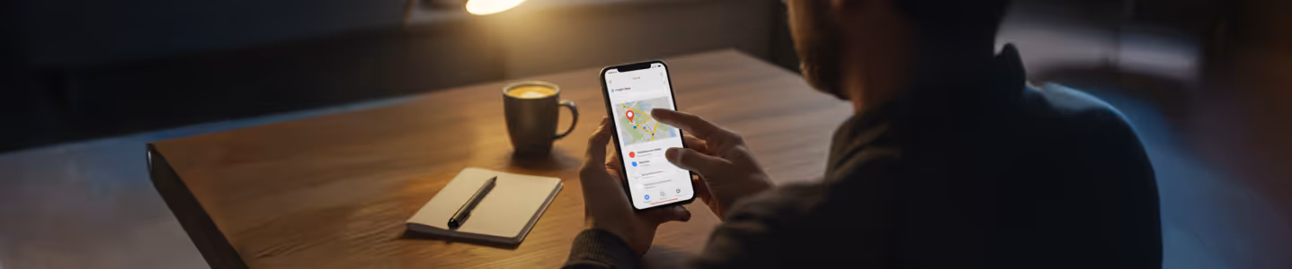 Homem navegando em mapa no celular enquanto toma café