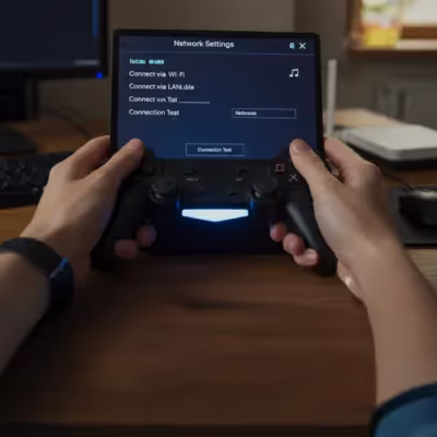 Detalhe de duas mãos manipulando um controle remoto, configurando a internet no console de videogame com foco nas teclas e na tela do console ao fundo.