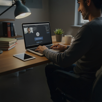 Usuário faz reunião online em ambiente de home office