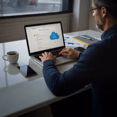 Pessoa digitando no laptop enquanto navega em plataforma de armazenamento em nuvem.