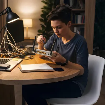 Mulher mexendo em roteador com laptop na mesa.