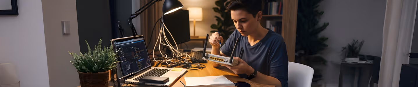 Mulher ajustando roteador enquanto trabalha em mesa.