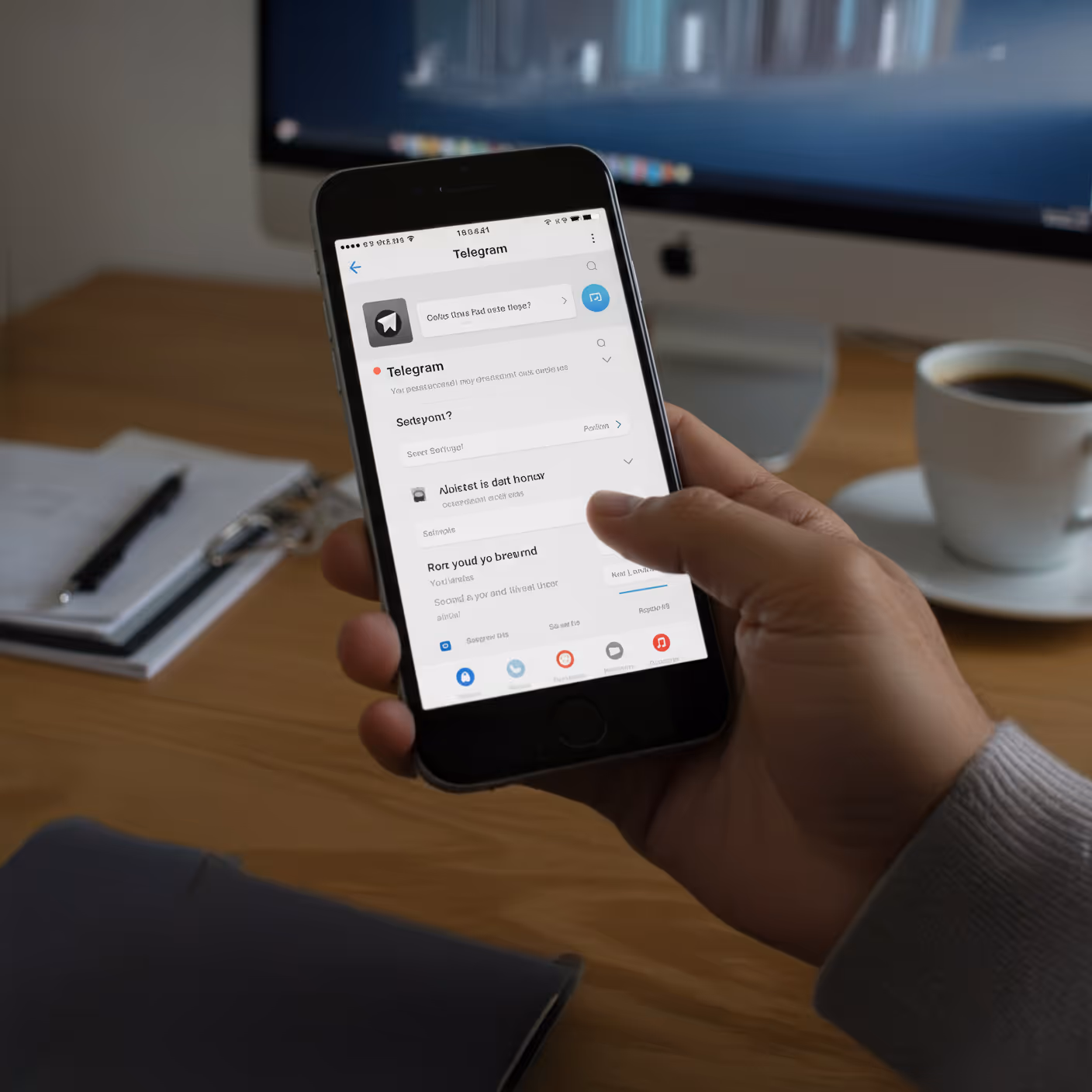 Pessoa usando Telegram no smartphone com mesa de escritório