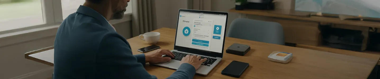 Homem usando notebook com tela do Dropbox aberta em tela larga