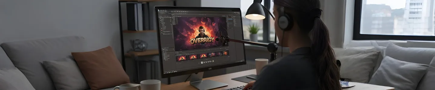Pessoa trabalhando em edição de imagens no computador com tela mostrando 'OVERLAY