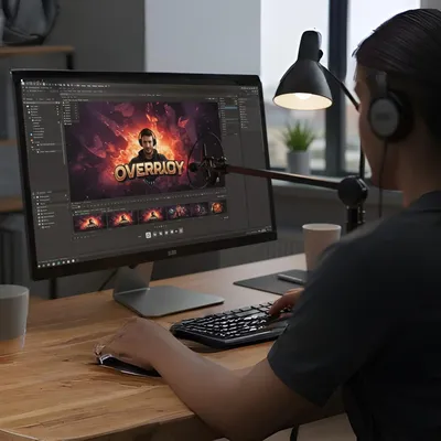 Pessoa editando imagem com o título 'OVERLAY' em ambiente de escritório.