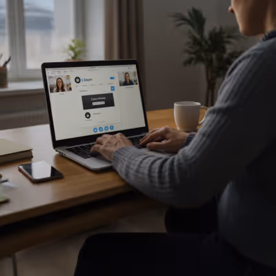 Pessoa utilizando Zoom no laptop para reunião online