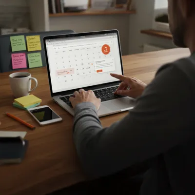 Pessoa usa calendário online com notas e celular na mesa