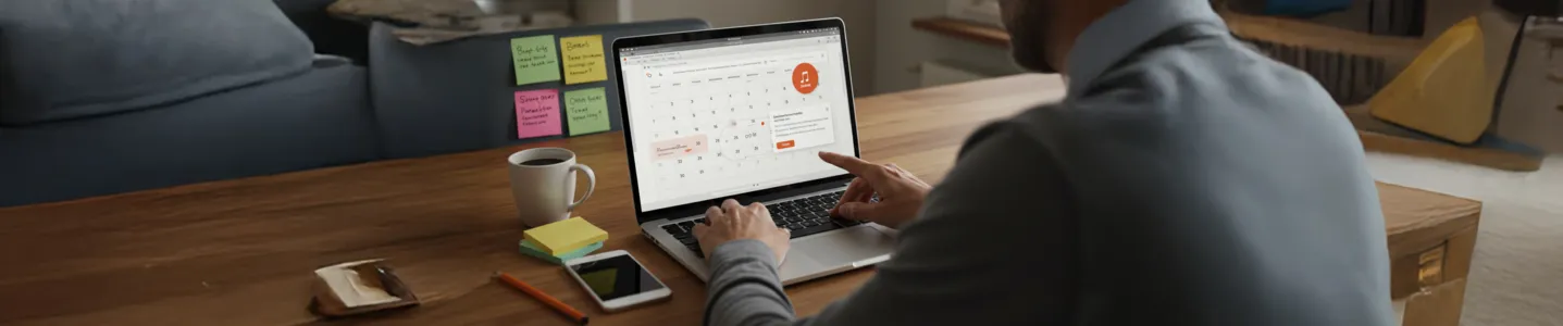 Pessoa consulta calendário de agendamento no laptop
