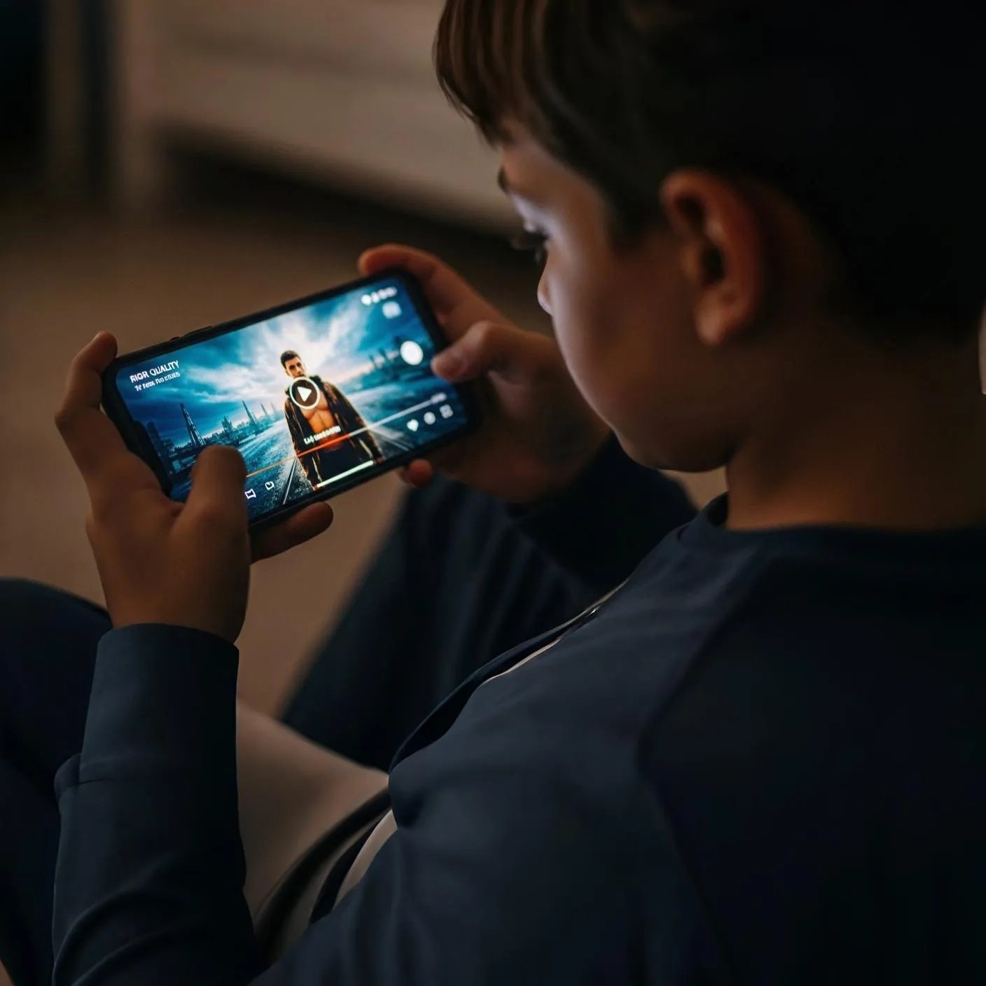 Menino vendo vídeo online em celular de forma imersiva