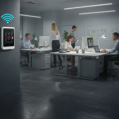 Adultos trabalham em escritório com climatização por IA na parede.