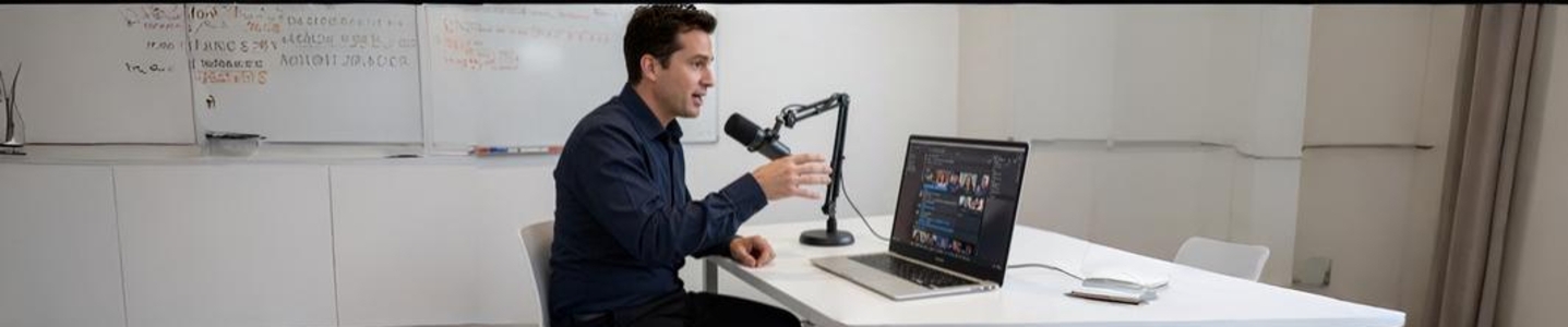 Homem gravando podcast com notebook e microfone