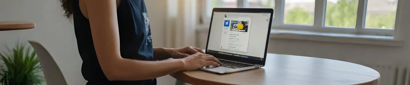 Mulher usando notebook sobre mesa redonda em ambiente iluminado.