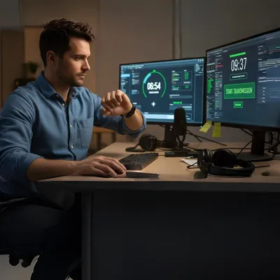 Profissional de tecnologia trabalha em mesa com dois monitores