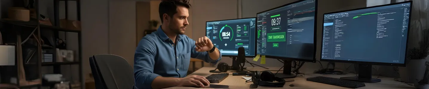 Homem programa em múltiplos monitores enquanto olha o relógio