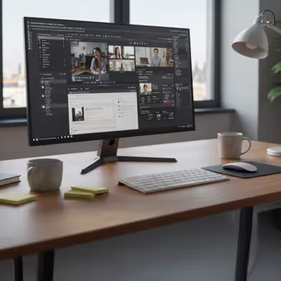 Tela de monitor exibindo múltiplos programas usados para trabalho remoto, incluindo videoconferências e ferramentas de produtividade.