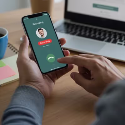 Mão segurando um smartphone com uma chamada em andamento e a opção de gravação ativada na tela.
