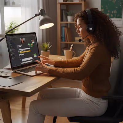 Profissional atendendo cliente online de casa.