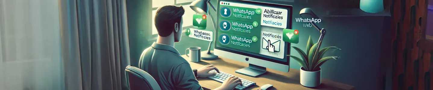 Usuário ativando notificações no WhatsApp Web em um computador.