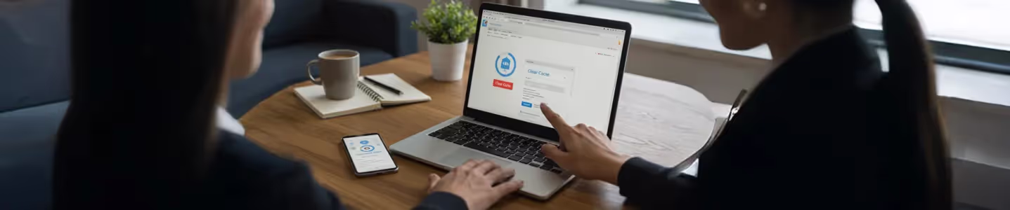 Duas pessoas em um escritório limpando o cache da internet em um laptop, com um smartphone ao lado exibindo opção similar.