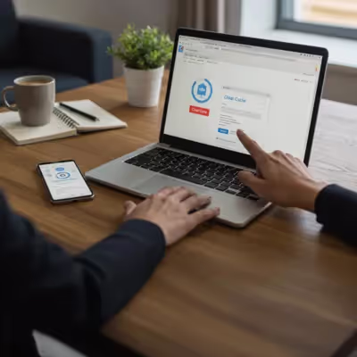 Mulher aponta para a tela do laptop com a opção 'Clear Cache' aberta, enquanto outra pessoa observa em um ambiente profissional.