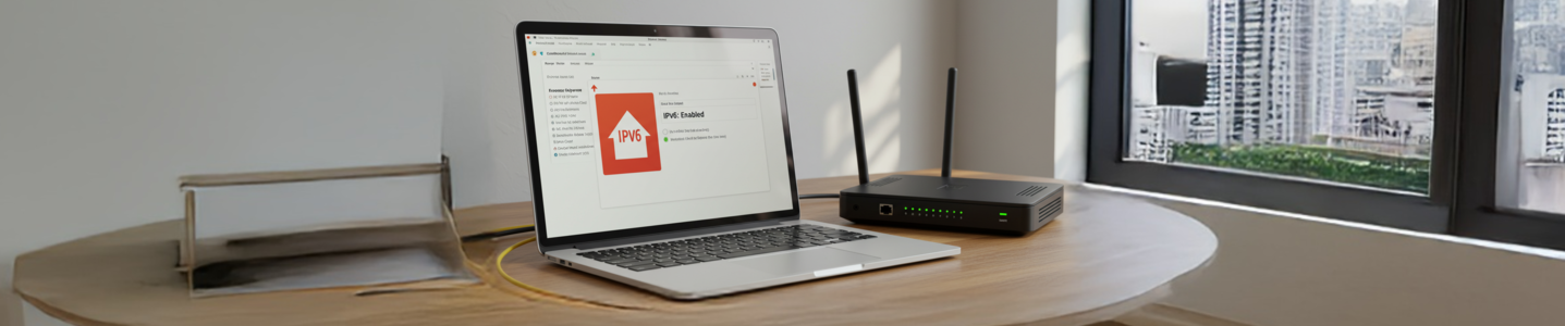 Notebook mostra IPv6 ativado ao lado de roteador