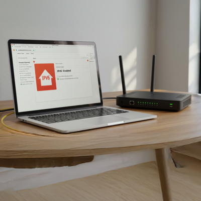 Conexão com IPv6 ativa exibida em notebook e roteador