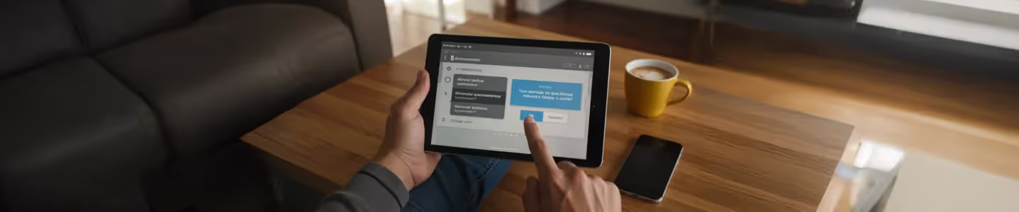 Pessoa limpando o cache de um tablet, tocando na opção "Limpar cache" em um ambiente aconchegante com café e celular na mesa.