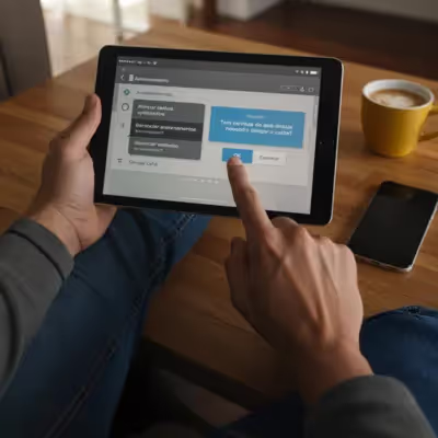 Tela de um tablet exibindo a opção "Limpar cache" enquanto um usuário confirma a ação, sentado em um ambiente confortável.