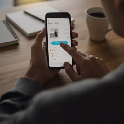 Usuário acessa configurações do navegador no celular para limpar o cache, enquanto está sentado em uma mesa com caderno e café.