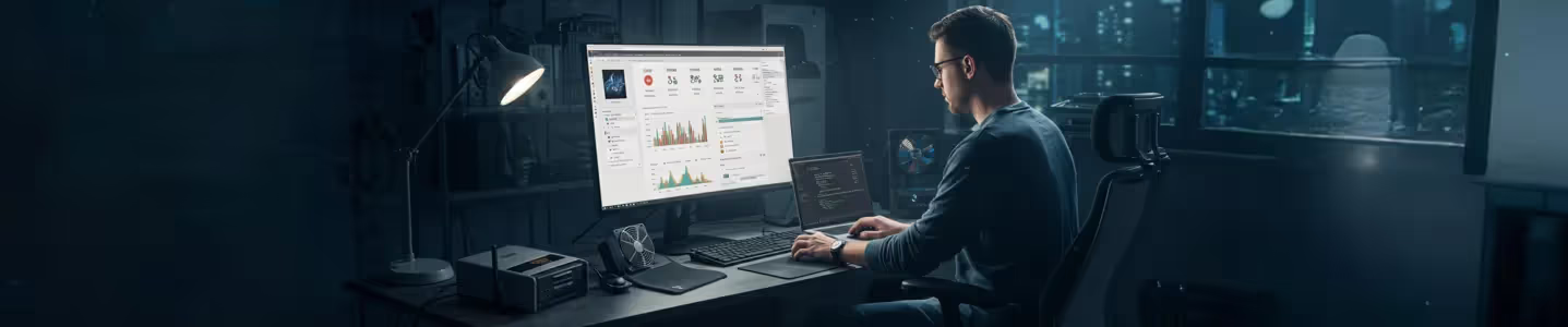 Técnico de TI otimiza o desempenho do navegador em um monitor widescreen, analisando gráficos detalhados e códigos no escritório.