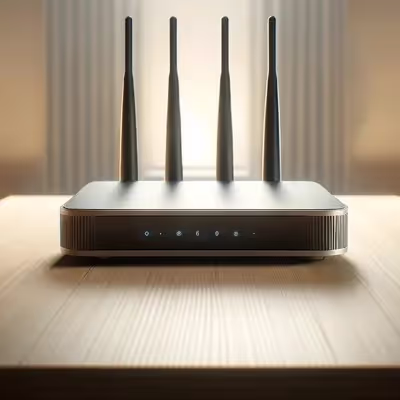 Um roteador está posicionado sobre a mesa da sala.