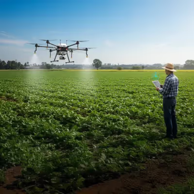 Fazendeiro observa um drone agrícola sobrevoando a lavoura para aplicação de insumos ou monitoramento.