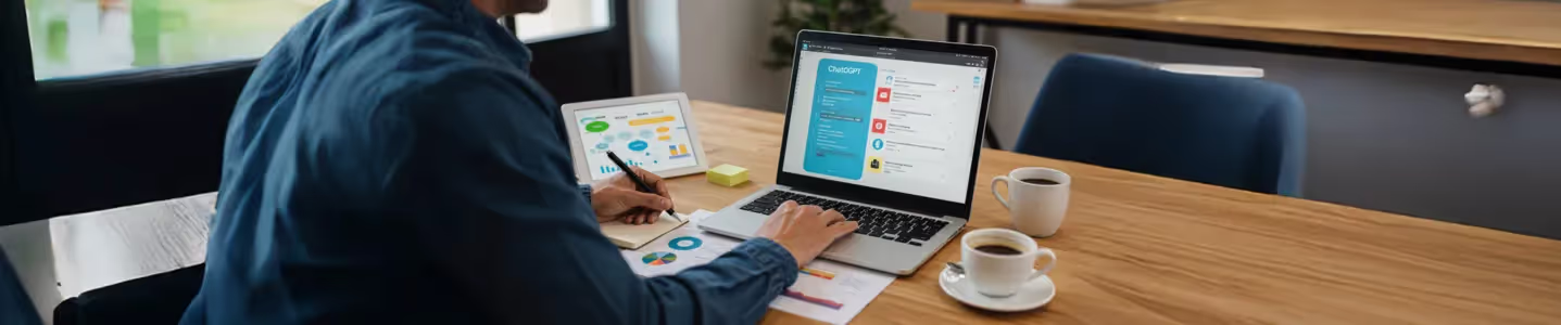 Profissional usa ChatGPT no notebook para criar plano de negócios e estratégia.