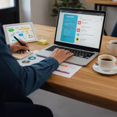 Tela com ChatGPT e gráficos de planejamento em mesa de trabalho moderna.